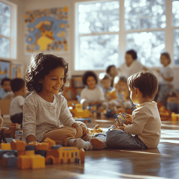 Spelende kinderen in een kleurrijke kinderopvangomgeving, mogelijk gemaakt door subsidiegeld.