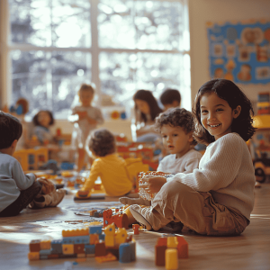 Spelende kinderen in een kleurrijke kinderopvangomgeving, mogelijk gemaakt door subsidiegeld.